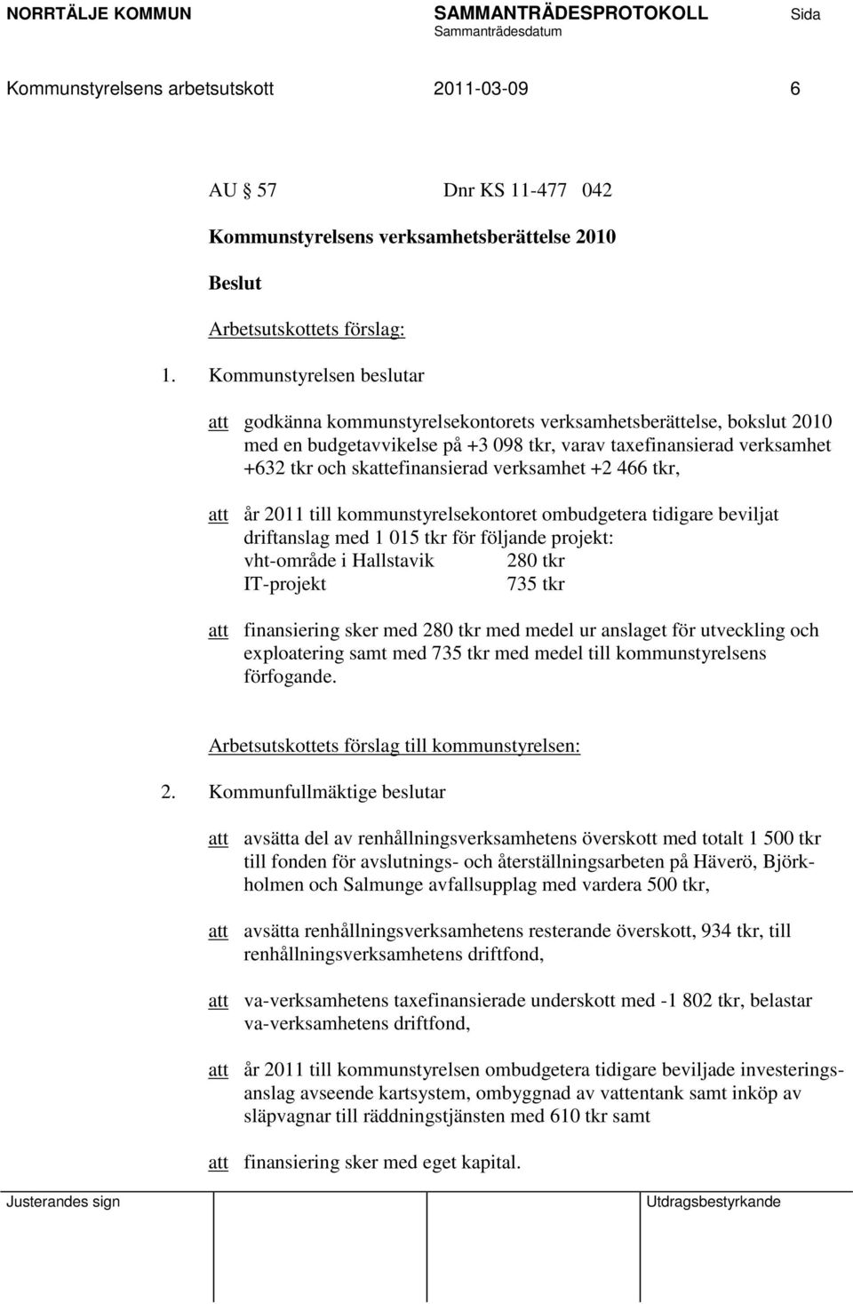 verksamhet +2 466 tkr, att år 2011 till kommunstyrelsekontoret ombudgetera tidigare beviljat driftanslag med 1 015 tkr för följande projekt: vht-område i Hallstavik 280 tkr IT-projekt 735 tkr att