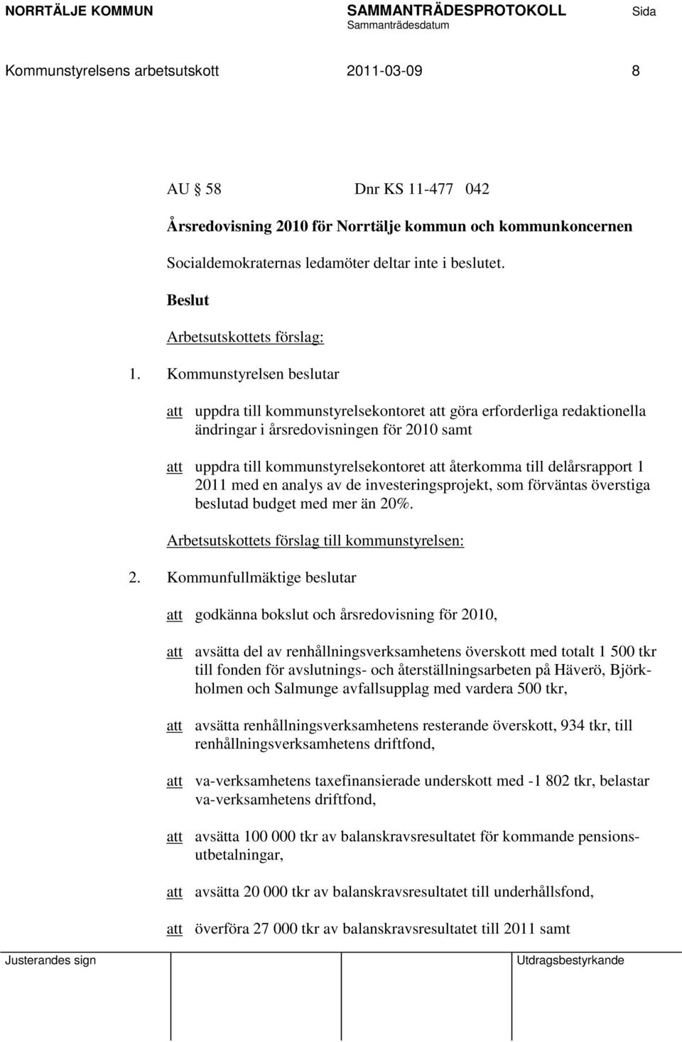 Kommunstyrelsen beslutar att uppdra till kommunstyrelsekontoret att göra erforderliga redaktionella ändringar i årsredovisningen för 2010 samt att uppdra till kommunstyrelsekontoret att återkomma