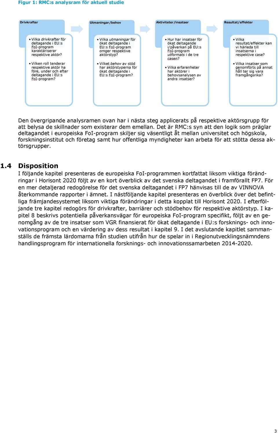 Vilket behov av stöd har aktörstyperna för ökat deltagande i EU:s FoI-program? Hur har insatser för ökat deltagande i/påverkan på EU:s FoI-program utformats i de tre casen?