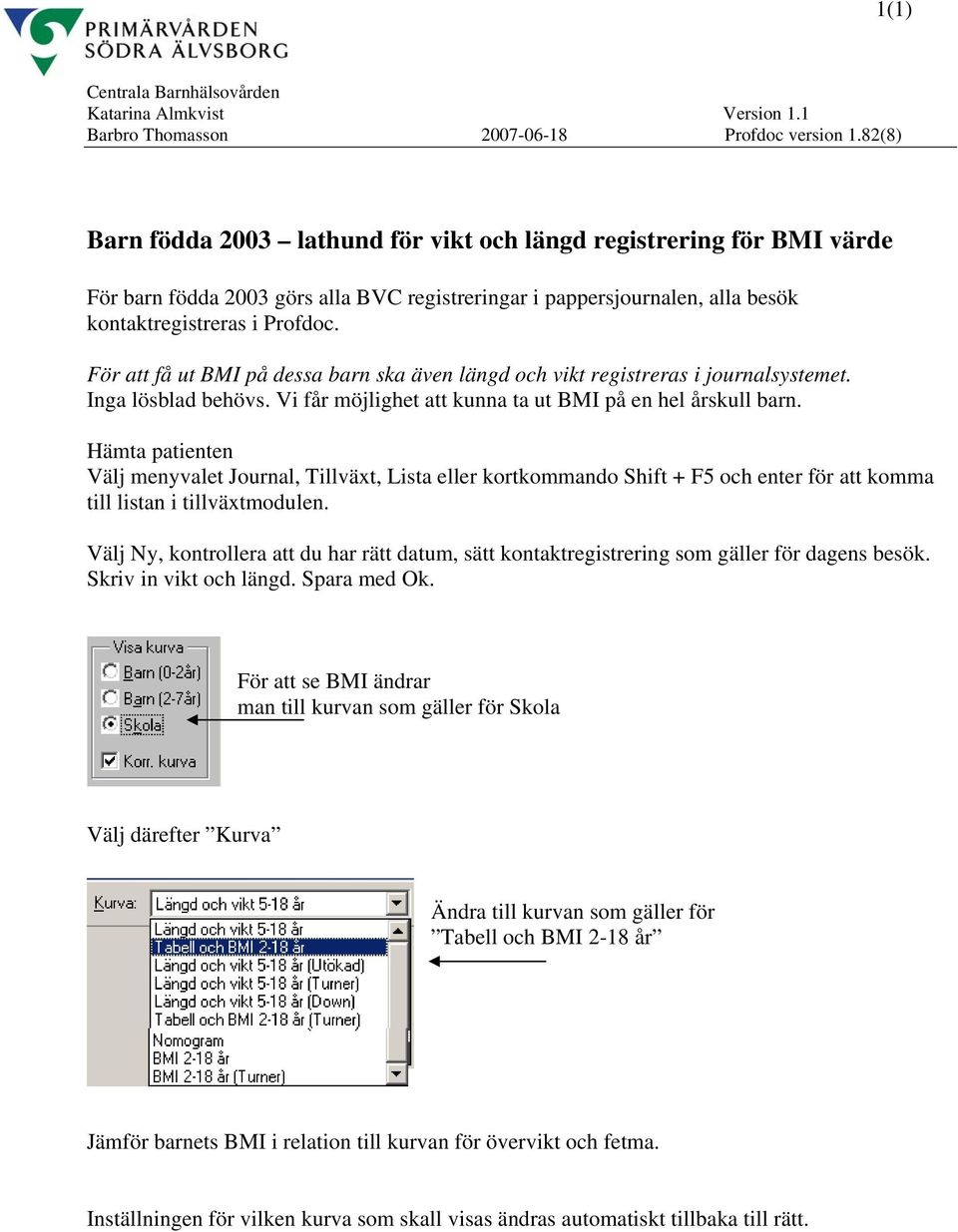 För att få ut BMI på dessa barn ska även längd och vikt registreras i journalsystemet. Inga lösblad behövs. Vi får möjlighet att kunna ta ut BMI på en hel årskull barn.