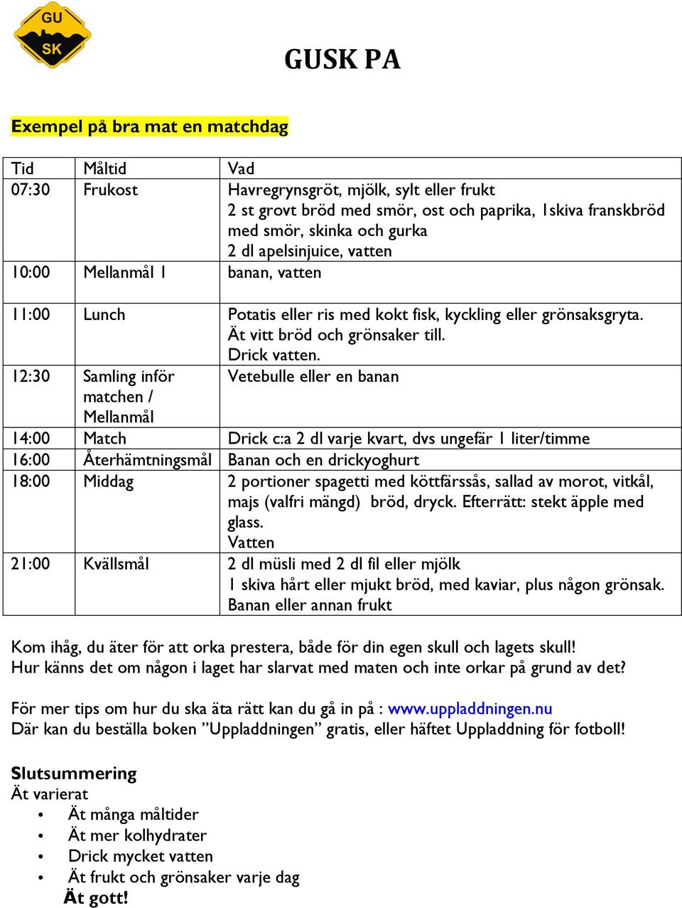 12:30 Samling inför Vetebulle eller en banan matchen / ellanmål 14:00 atch Drick c:a 2 dl varje kvart, dvs ungefär 1 liter/timme 16:00 Återhämtningsmål Banan och en drickyoghurt 18:00 iddag 2