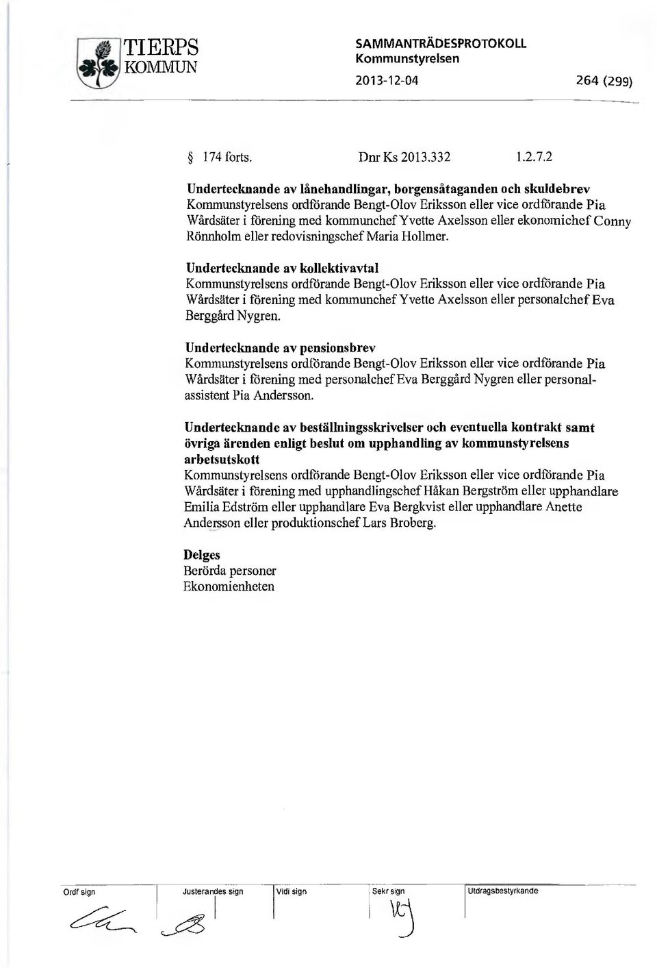 2 Undertecknande av lånehandlingar, borgensåtaganden och skuldebrev Kommunstyrelsens ordförande Bengt-Olov Eriksson eller vice ordförande Pia Wårdsäter i förening med kommunchef Yvette Axelsson eller