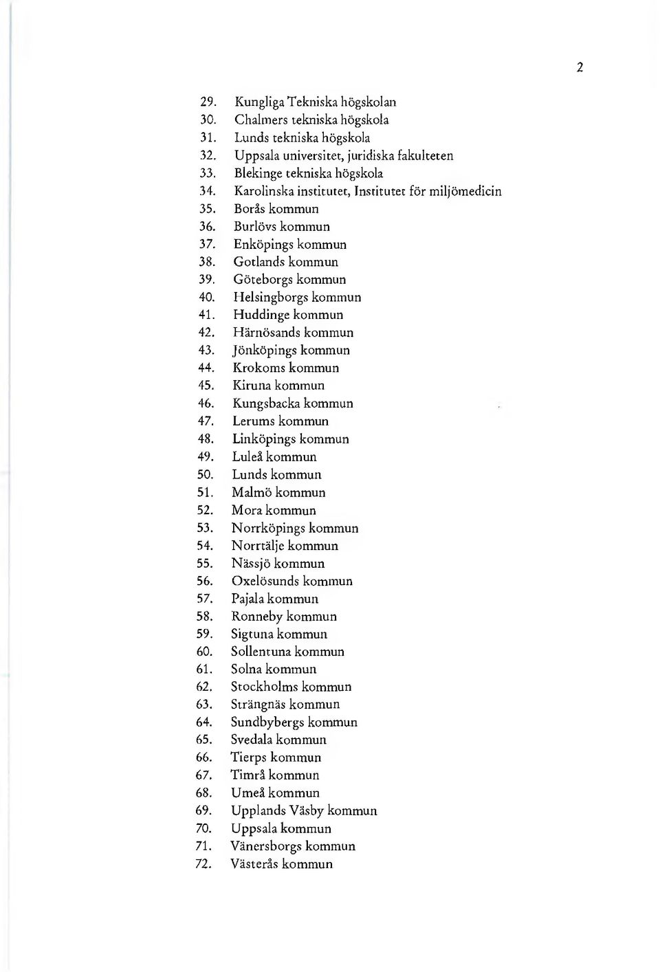 Härnösands kommun 43. Jönköpings kommun 44. Krokoms kommun 45. Kiruna kommun 46. Kungsbacka kommun 47. Lerums kommun 48. Linköpings kommun 49. Luleå kommun 50. Lunds kommun 51. Malmö kommun 52.