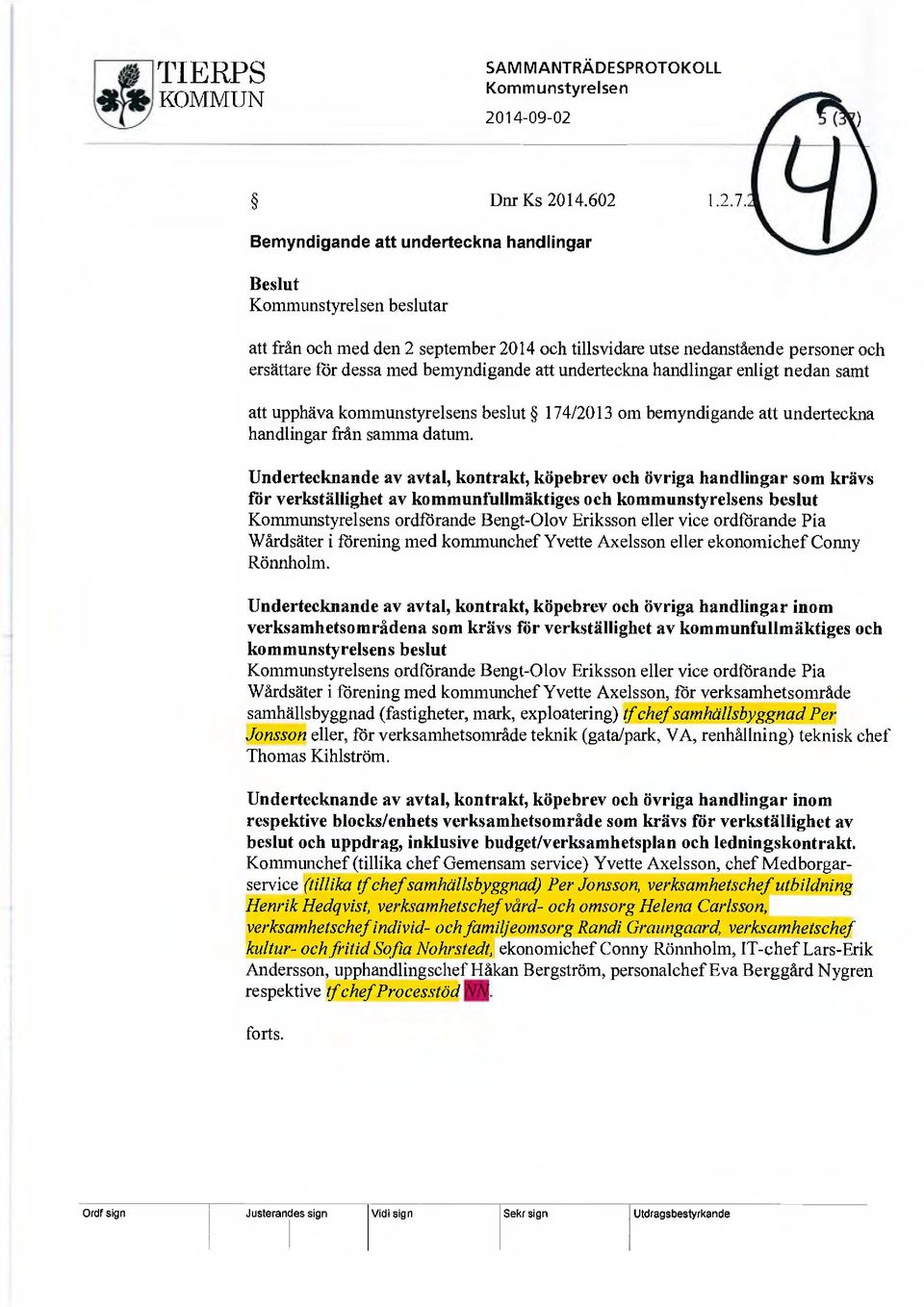 underteckna handlingar enligt nedan samt att upphäva kommunstyrelsens beslut 174/2013 om bemyndigande att underteckna handlingar från samma datum.