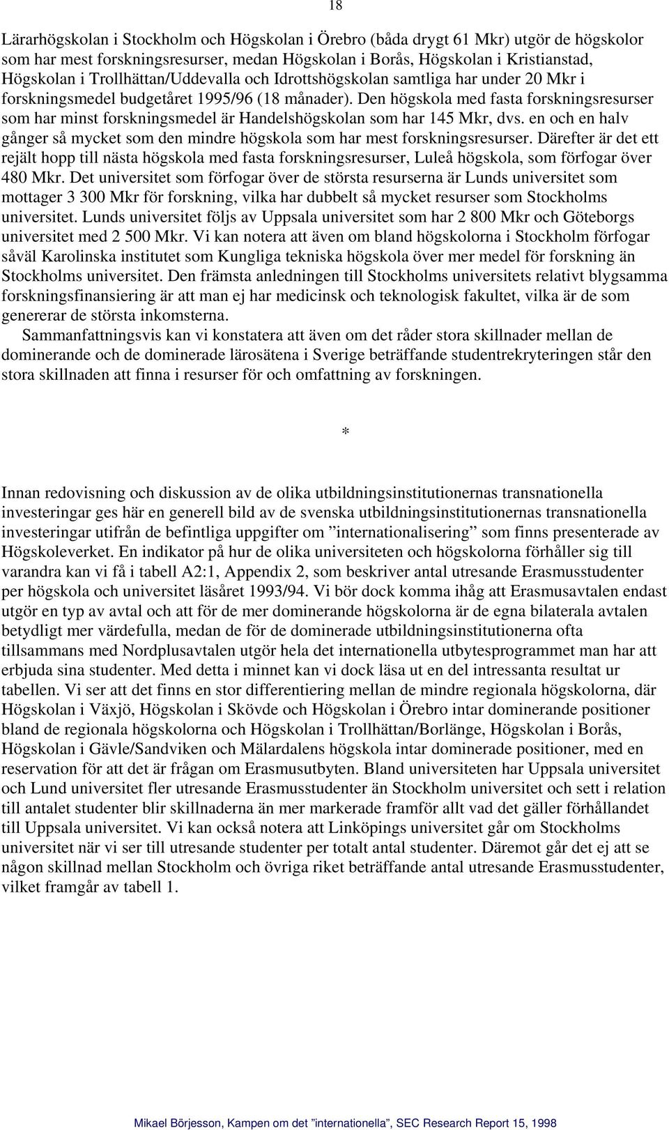 Den högskola med fasta forskningsresurser som har minst forskningsmedel är Handelshögskolan som har 145 Mkr, dvs.