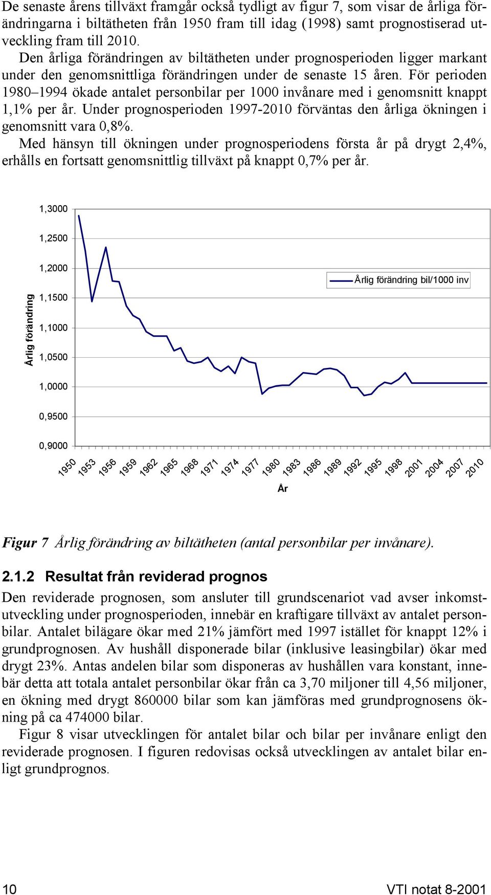 För perioden 1980 1994 ökade antalet personbilar per 1000 invånare med i genomsnitt knappt 1,1% per år. Under prognosperioden 1997-2010 förväntas den årliga ökningen i genomsnitt vara 0,8%.