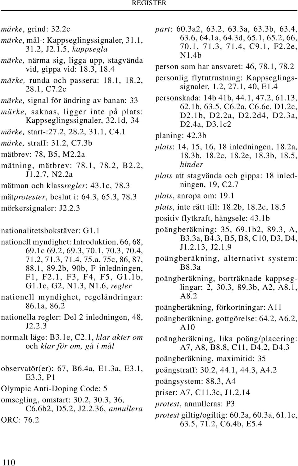 2a mätning, mätbrev: 78.1, 78.2, B2.2, J1.2.7, N2.2a mätman och klassregler: 43.1c, 78.3 mätprotester, beslut i: 64.3, 65.3, 78.3 mörkersignaler: J2.2.3 nationalitetsbokstäver: G1.