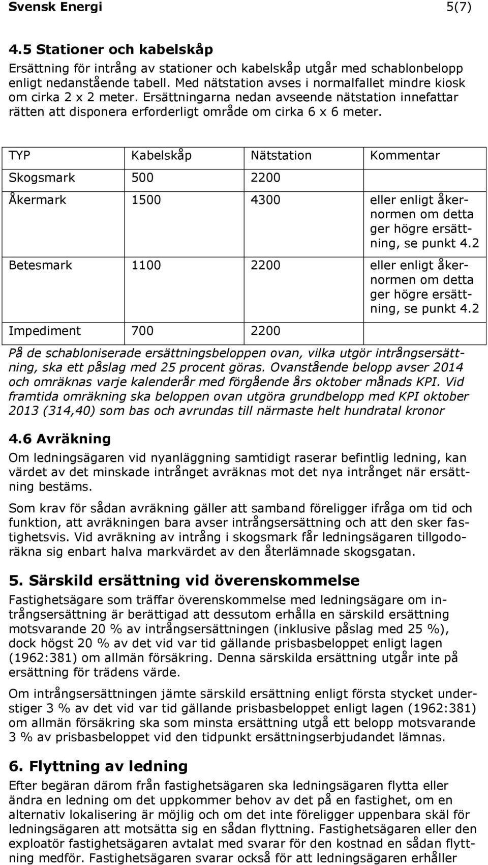 TYP Kabelskåp Nätstation Koentar Skogsark 500 20 Åkerark 00 40 eller enligt åkernoren o detta ger högre ersättning, se punkt 4.