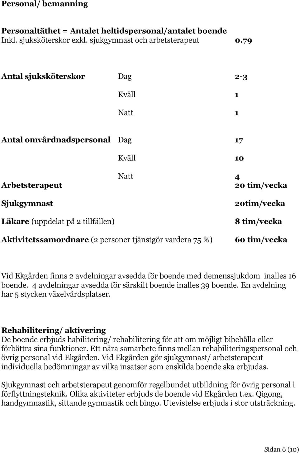 Aktivitetssamordnare (2 personer tjänstgör vardera 75 %) 60 tim/vecka Vid Ekgården finns 2 avdelningar avsedda för boende med demenssjukdom inalles 16 boende.