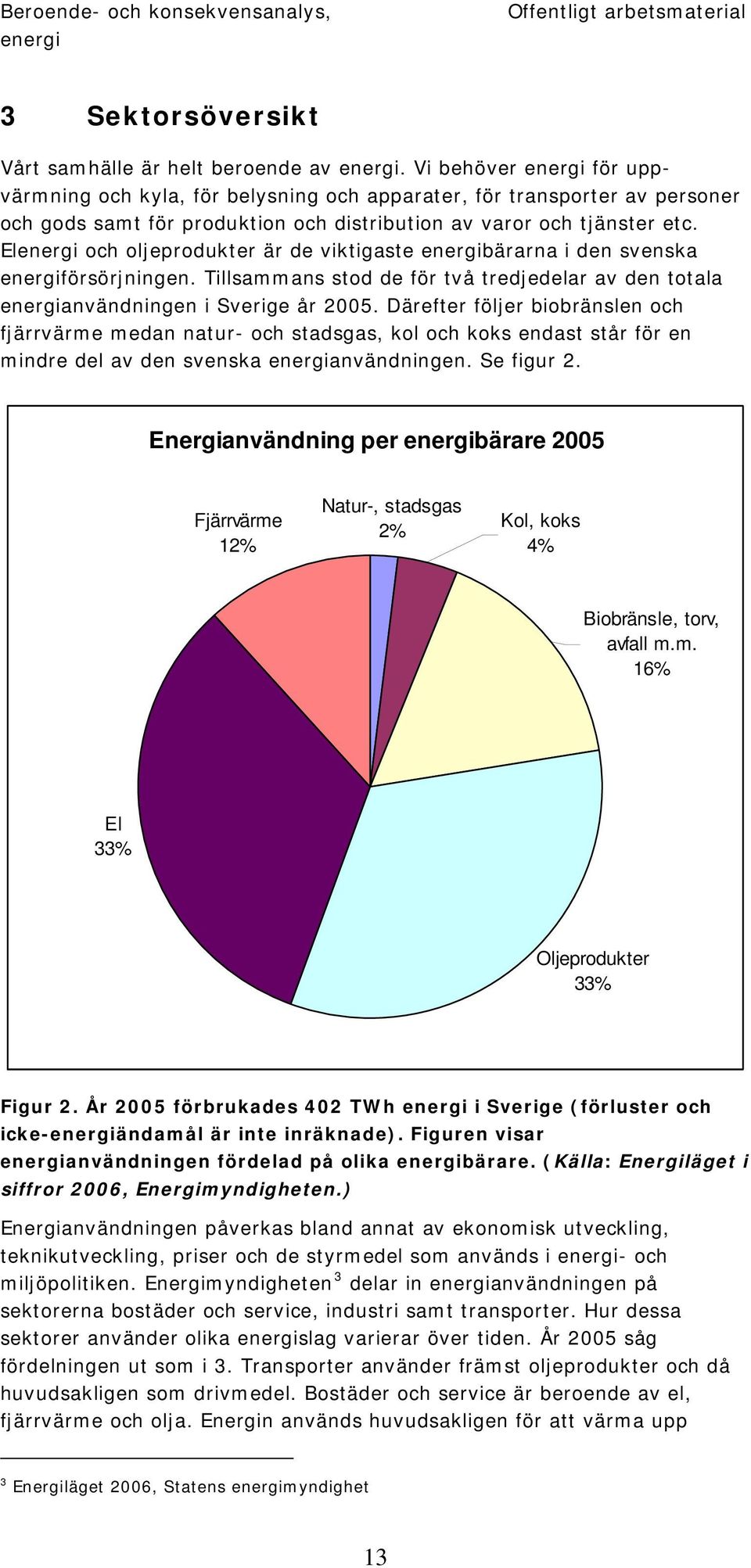 El och oljeprodukter är de viktigaste bärarna i den svenska försörjningen. Tillsammans stod de för två tredjedelar av den totala användningen i Sverige år 2005.