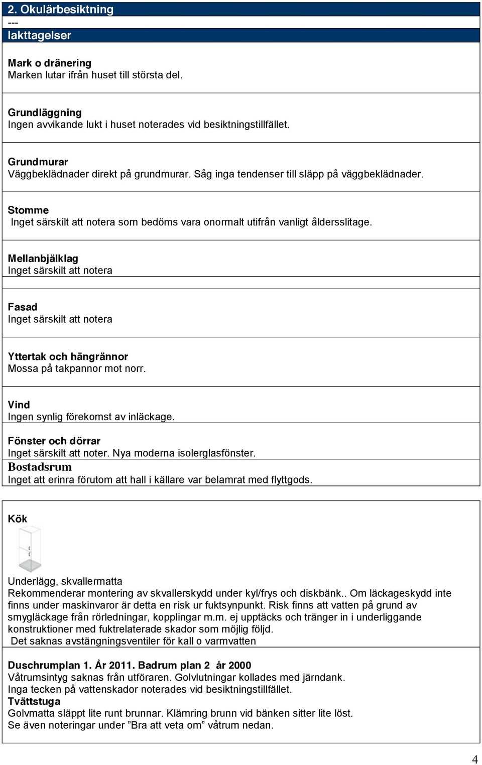 Mellanbjälklag Inget särskilt att notera Fasad Inget särskilt att notera Yttertak och hängrännor Mossa på takpannor mot norr. Vind Ingen synlig förekomst av inläckage.