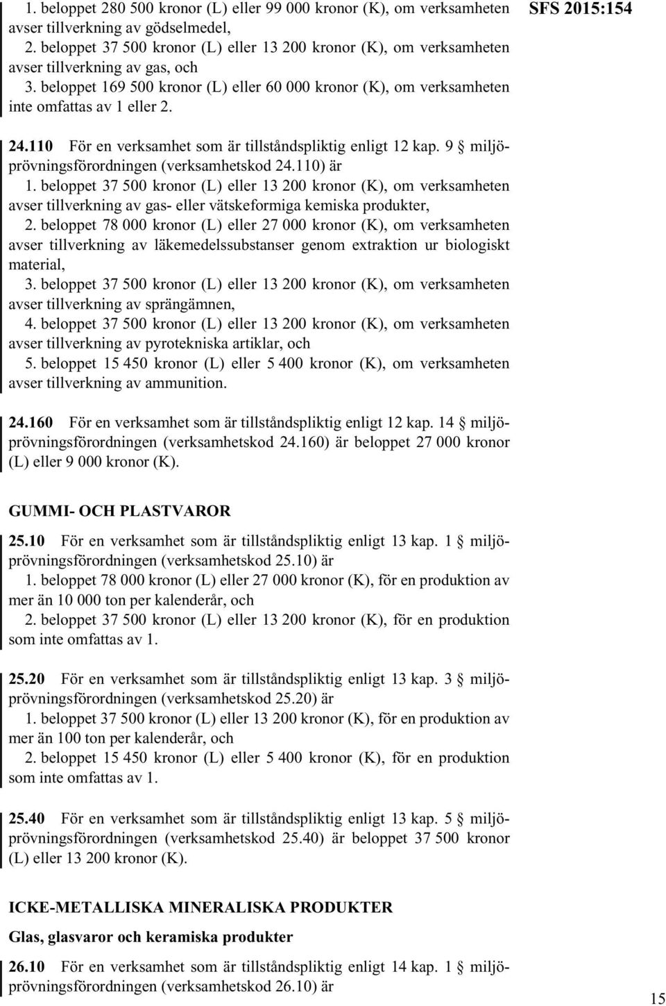 SFS 2015:154 24.110 För en verksamhet som är tillståndspliktig enligt 12 kap. 9 miljöprövningsförordningen (verksamhetskod 24.110) är 1.