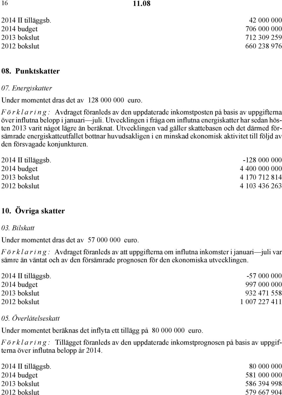 Utvecklingen i fråga om influtna energiskatter har sedan hösten 2013 varit något lägre än beräknat.