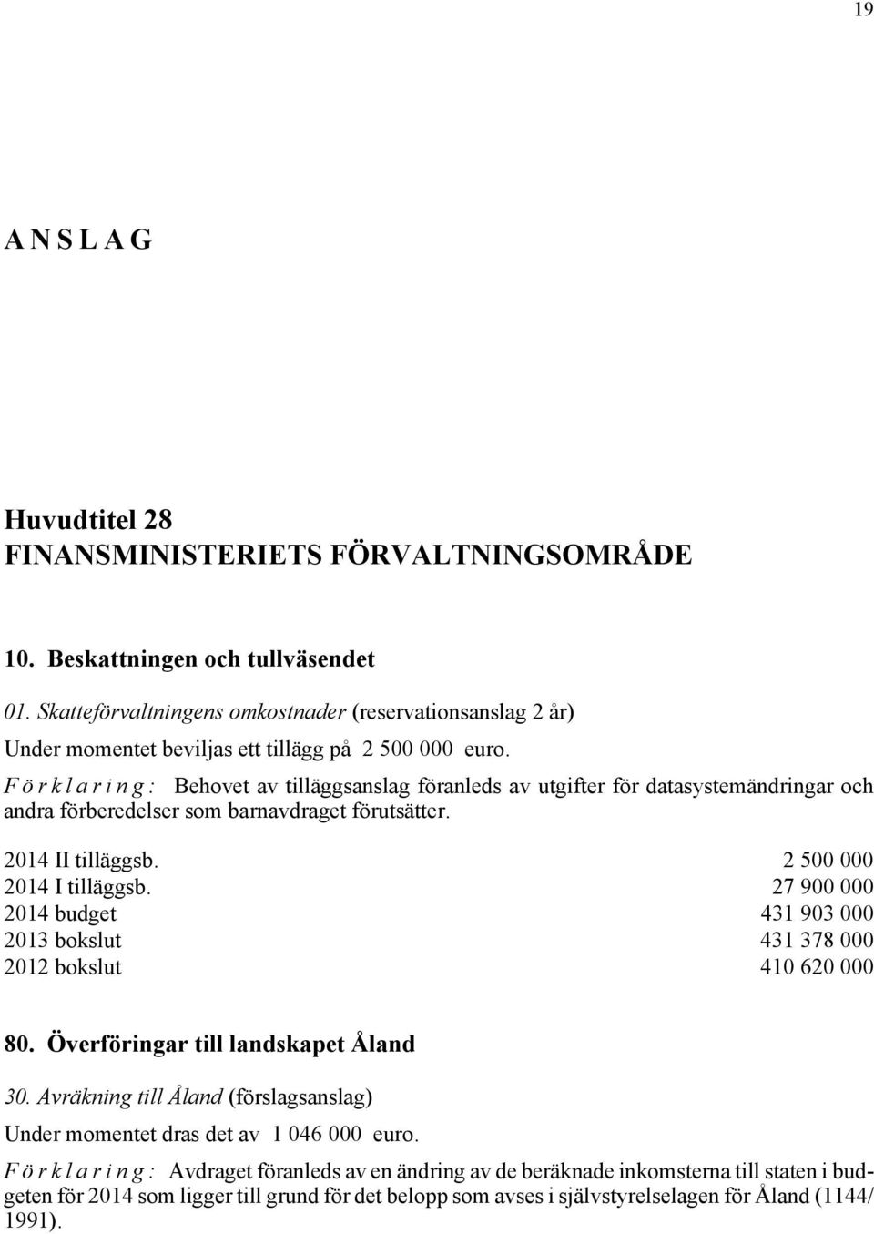 Förklaring: Behovet av tilläggsanslag föranleds av utgifter för datasystemändringar och andra förberedelser som barnavdraget förutsätter. 2014 II tilläggsb. 2 500 000 2014 I tilläggsb.