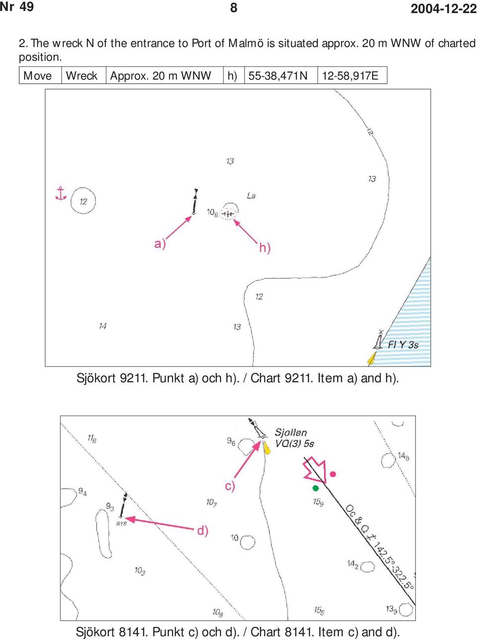 20 m WNW of charted position. Move Wreck Approx.