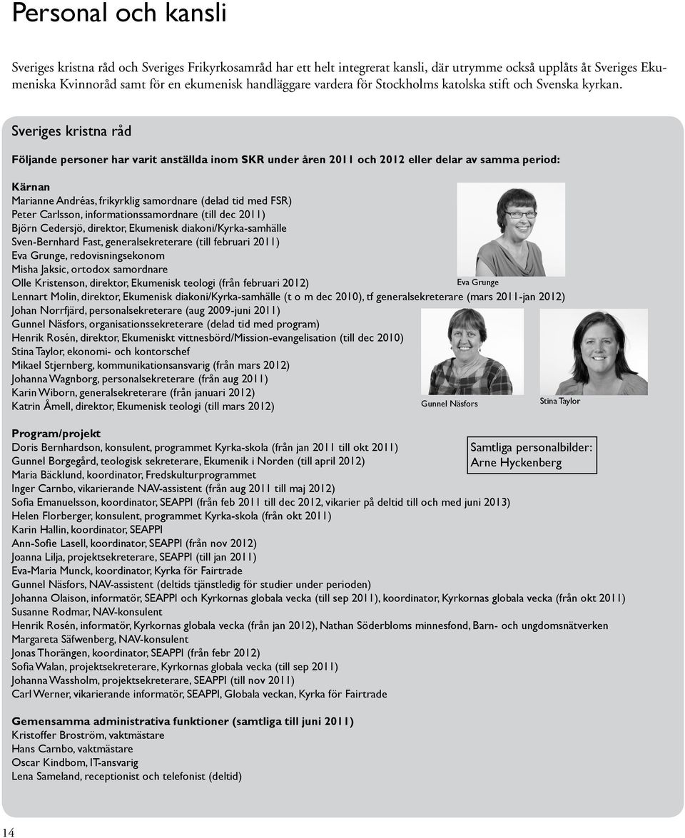 Sveriges kristna råd Följande personer har varit anställda inom SKR under åren 2011 och 2012 eller delar av samma period: Kärnan Marianne Andréas, frikyrklig samordnare (delad tid med FSR) Peter