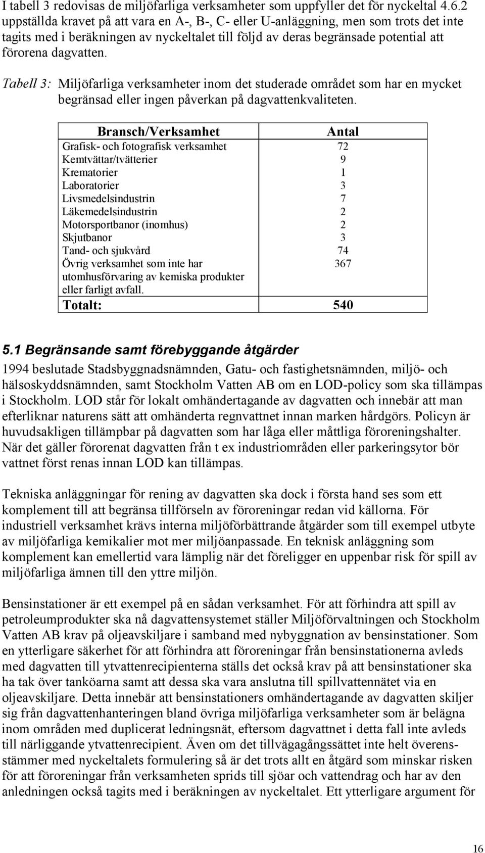 Tabell 3: Miljöfarliga verksamheter inom det studerade området som har en mycket begränsad eller ingen påverkan på dagvattenkvaliteten.