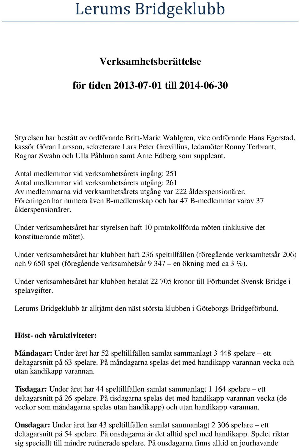 Antal medlemmar vid verksamhetsårets ingång: 251 Antal medlemmar vid verksamhetsårets utgång: 261 Av medlemmarna vid verksamhetsårets utgång var 222 ålderspensionärer.