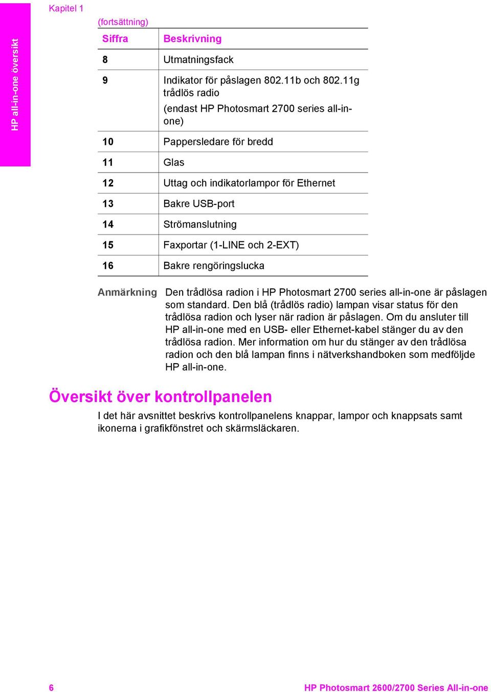 och 2-EXT) 16 Bakre rengöringslucka Den trådlösa radion i HP Photosmart 2700 series all-in-one är påslagen som standard.