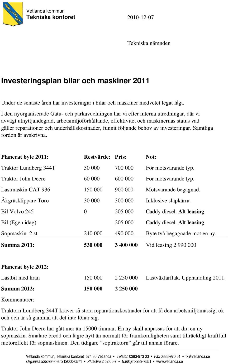 underhållskostnader, funnit följande behov av investeringar. Samtliga fordon är avskrivna. Planerat byte 2011: Restvärde: Pris: Not: Traktor Lundberg 344T 50 000 700 000 För motsvarande typ.