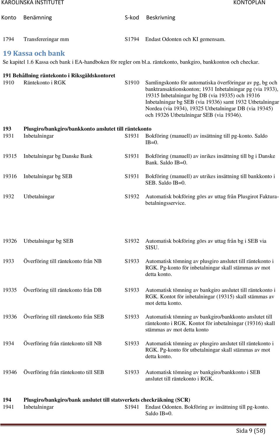 Inbetalningar bg DB (via 19335) och 19316 Inbetalningar bg SEB (via 19336) samt 1932 Utbetalningar Nordea (via 1934), 19325 Utbetalningar DB (via 19345) och 19326 Utbetalningar SEB (via 19346).