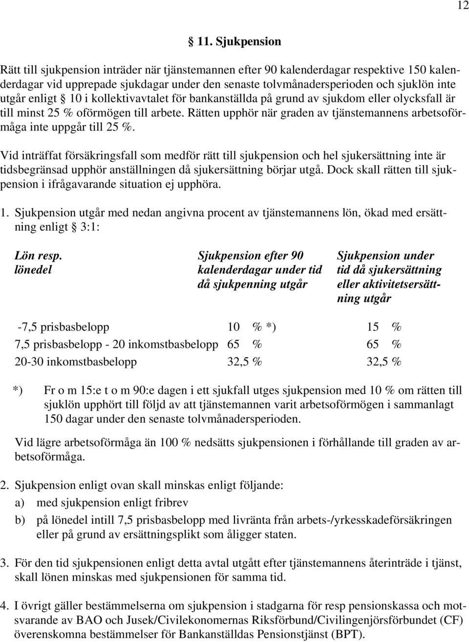 enligt 10 i kollektivavtalet för bankanställda på grund av sjukdom eller olycksfall är till minst 25 % oförmögen till arbete.