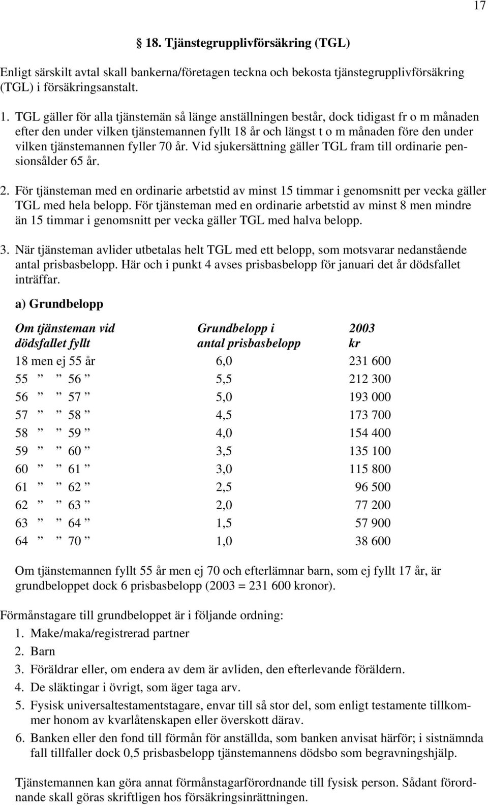 Vid sjukersättning gäller TGL fram till ordinarie pensionsålder 65 år. 2. För tjänsteman med en ordinarie arbetstid av minst 15 timmar i genomsnitt per vecka gäller TGL med hela belopp.