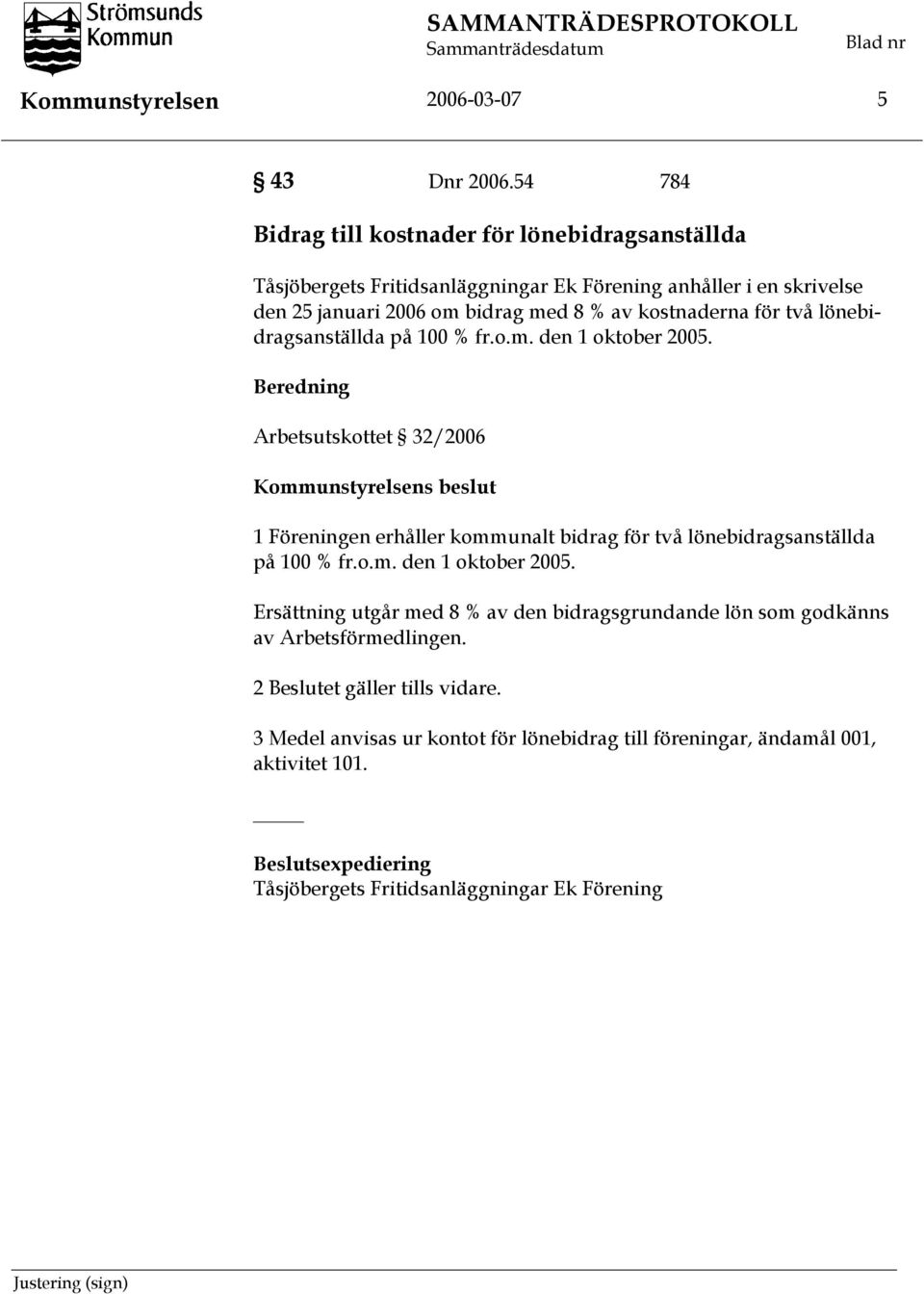 för två lönebidragsanställda på 100 % fr.o.m. den 1 oktober 2005.