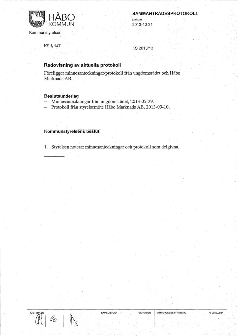 Beslutsunderlag Minnesanteckningar från ungdomsrådet, 2013-05-29.