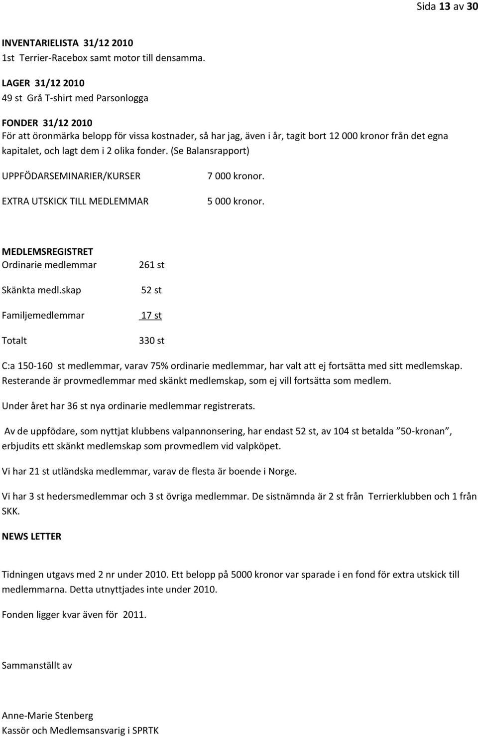 dem i 2 olika fonder. (Se Balansrapport) UPPFÖDARSEMINARIER/KURSER EXTRA UTSKICK TILL MEDLEMMAR 7 000 kronor. 5 000 kronor. MEDLEMSREGISTRET Ordinarie medlemmar Skänkta medl.