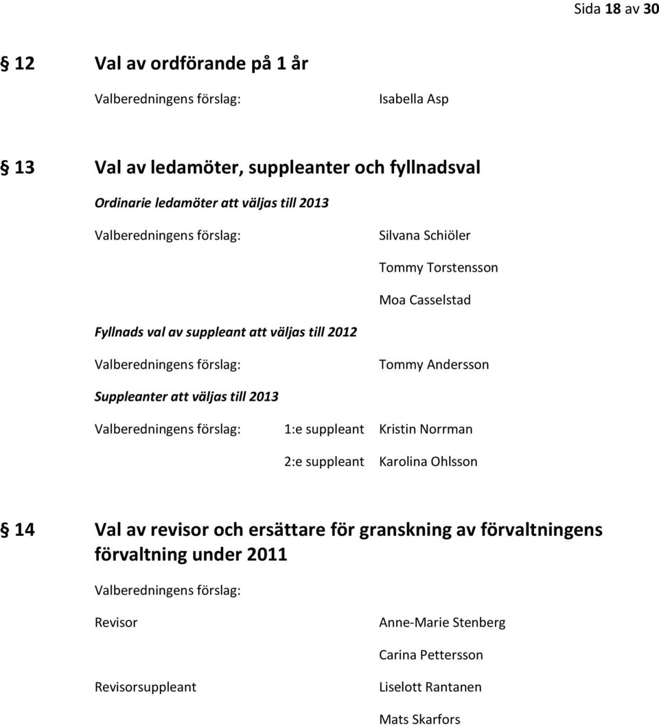 Andersson Suppleanter att väljas till 2013 Valberedningens förslag: 1:e suppleant Kristin Norrman 2:e suppleant Karolina Ohlsson 14 Val av revisor och ersättare för