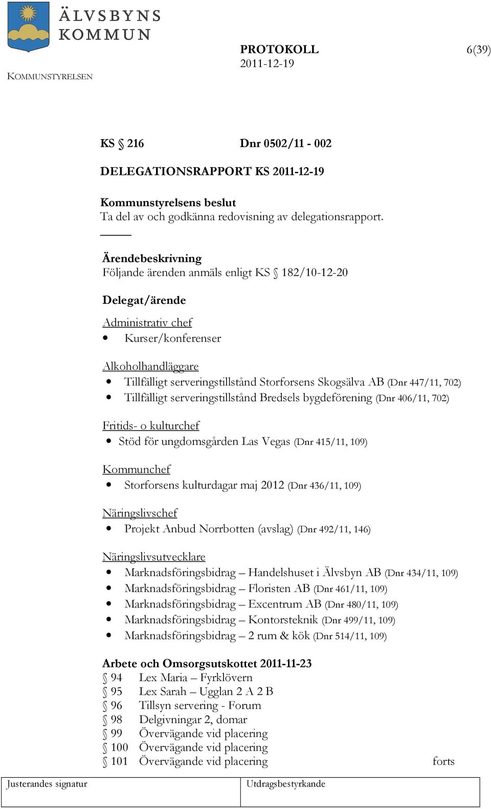 Tillfälligt serveringstillstånd Bredsels bygdeförening (Dnr 406/11, 702) Fritids- o kulturchef Stöd för ungdomsgården Las Vegas (Dnr 415/11, 109) Kommunchef Storforsens kulturdagar maj 2012 (Dnr