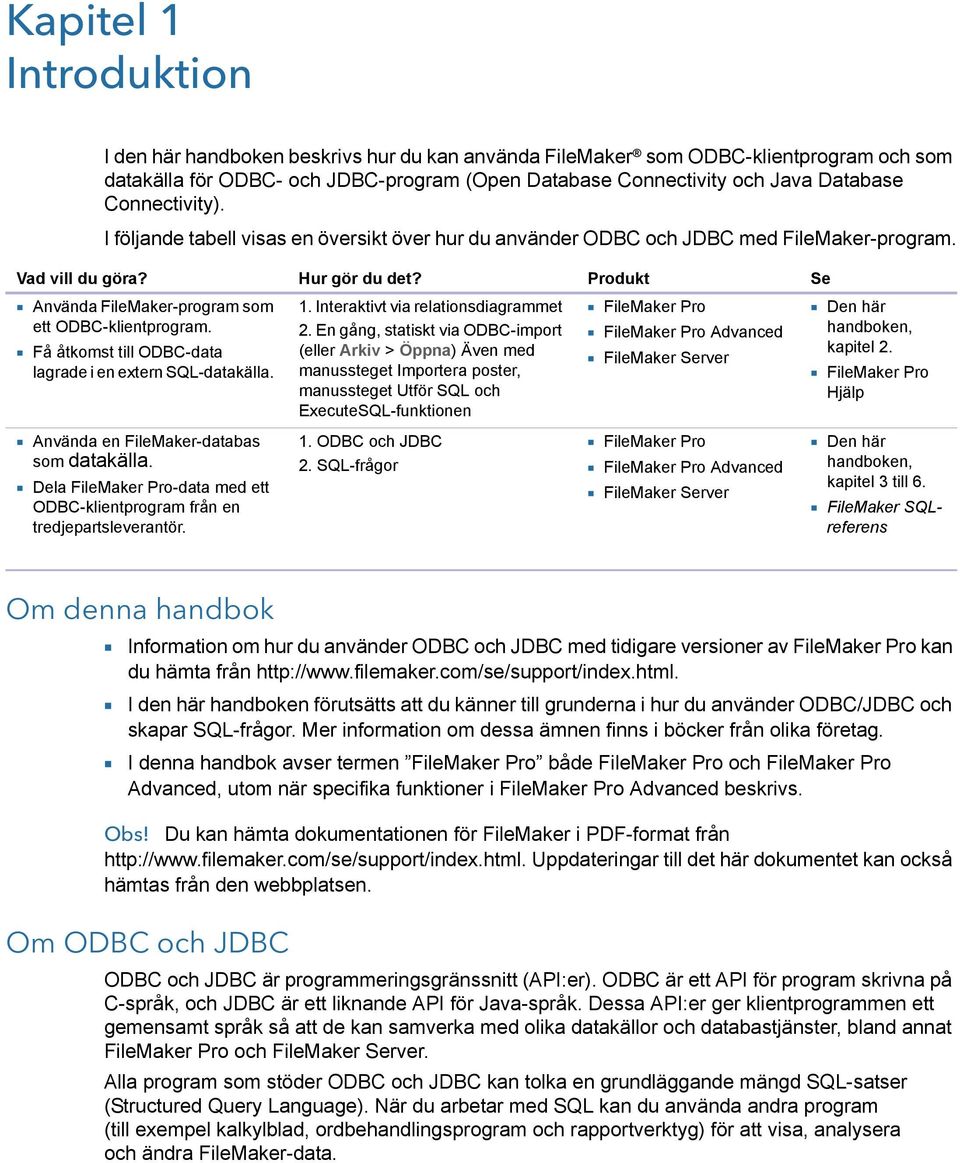 Produkt Se 1 Använda FileMaker-program som ett ODBC-klientprogram. 1 Få åtkomst till ODBC-data lagrade i en extern SQL-datakälla. 1. Interaktivt via relationsdiagrammet 2.