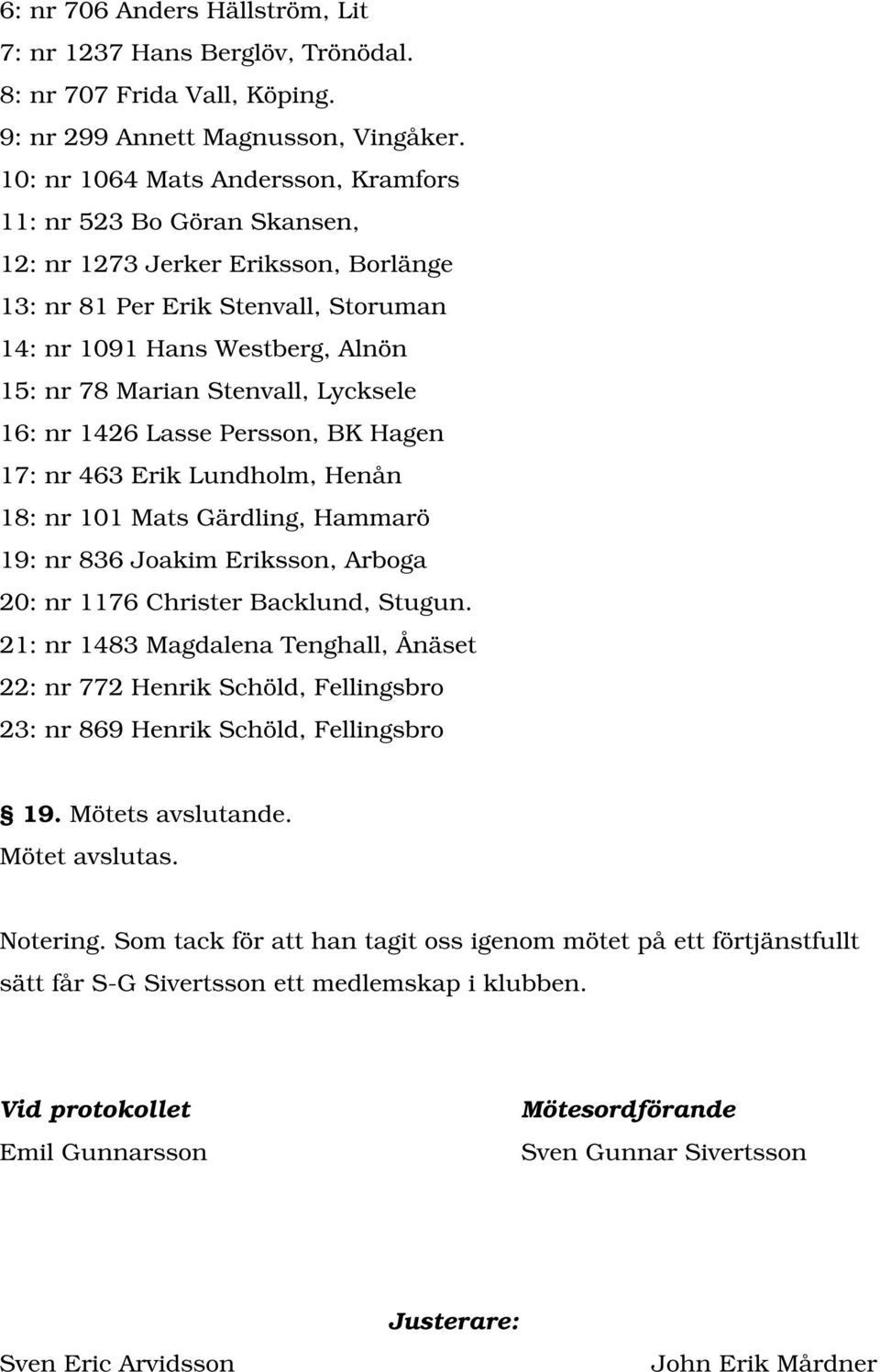 Stenvall, Lycksele 16: nr 1426 Lasse Persson, BK Hagen 17: nr 463 Erik Lundholm, Henån 18: nr 101 Mats Gärdling, Hammarö 19: nr 836 Joakim Eriksson, Arboga 20: nr 1176 Christer Backlund, Stugun.