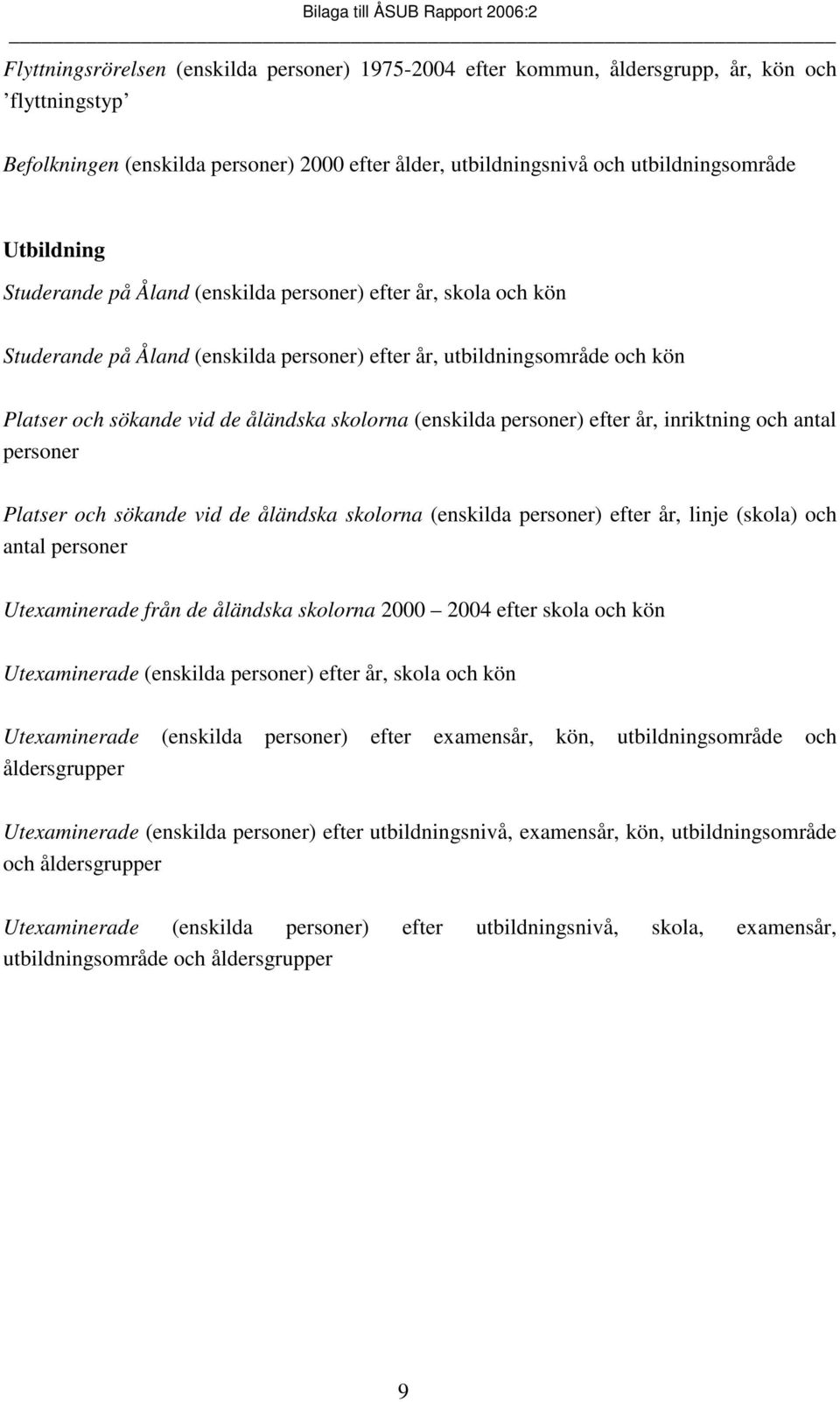 (enskilda personer) efter år, inriktning och antal personer Platser och sökande vid de åländska skolorna (enskilda personer) efter år, linje (skola) och antal personer Utexaminerade från de åländska