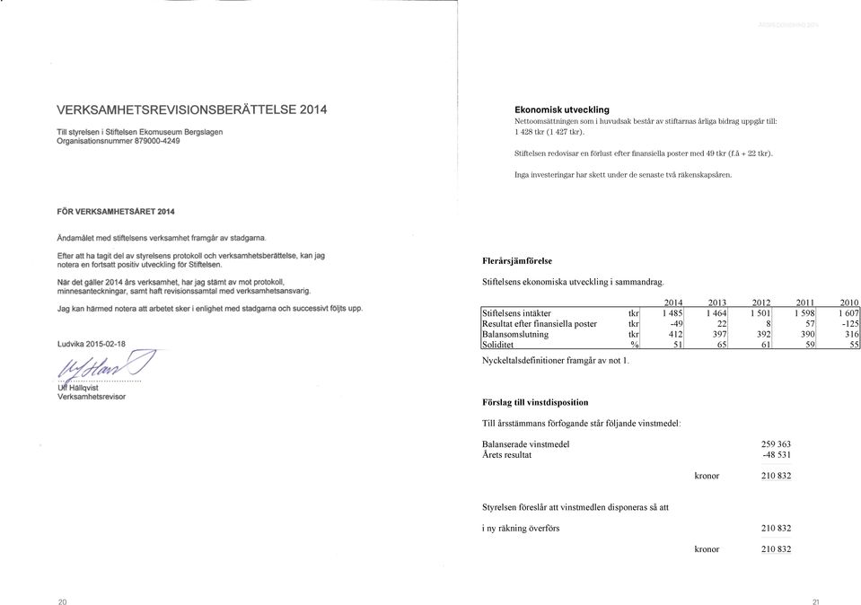 Stiftelsen Ekomuseum Bergslagen Årsredovisning för 2014 6(12) Flerårsjämförelse Stiftelsens ekonomiska utveckling i sammandrag.