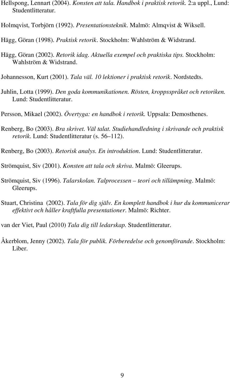 Tala väl. 10 lektioner i praktisk retorik. Nordstedts. Juhlin, Lotta (1999). Den goda kommunikationen. Rösten, kroppsspråket och retoriken. Lund: Studentlitteratur. Persson, Mikael (2002).