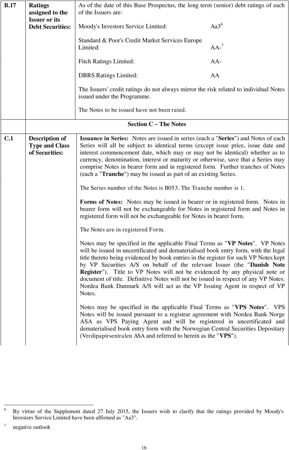 individual Notes issued under the Programme. The Notes to be issued have not been rated. Section C The Notes C.