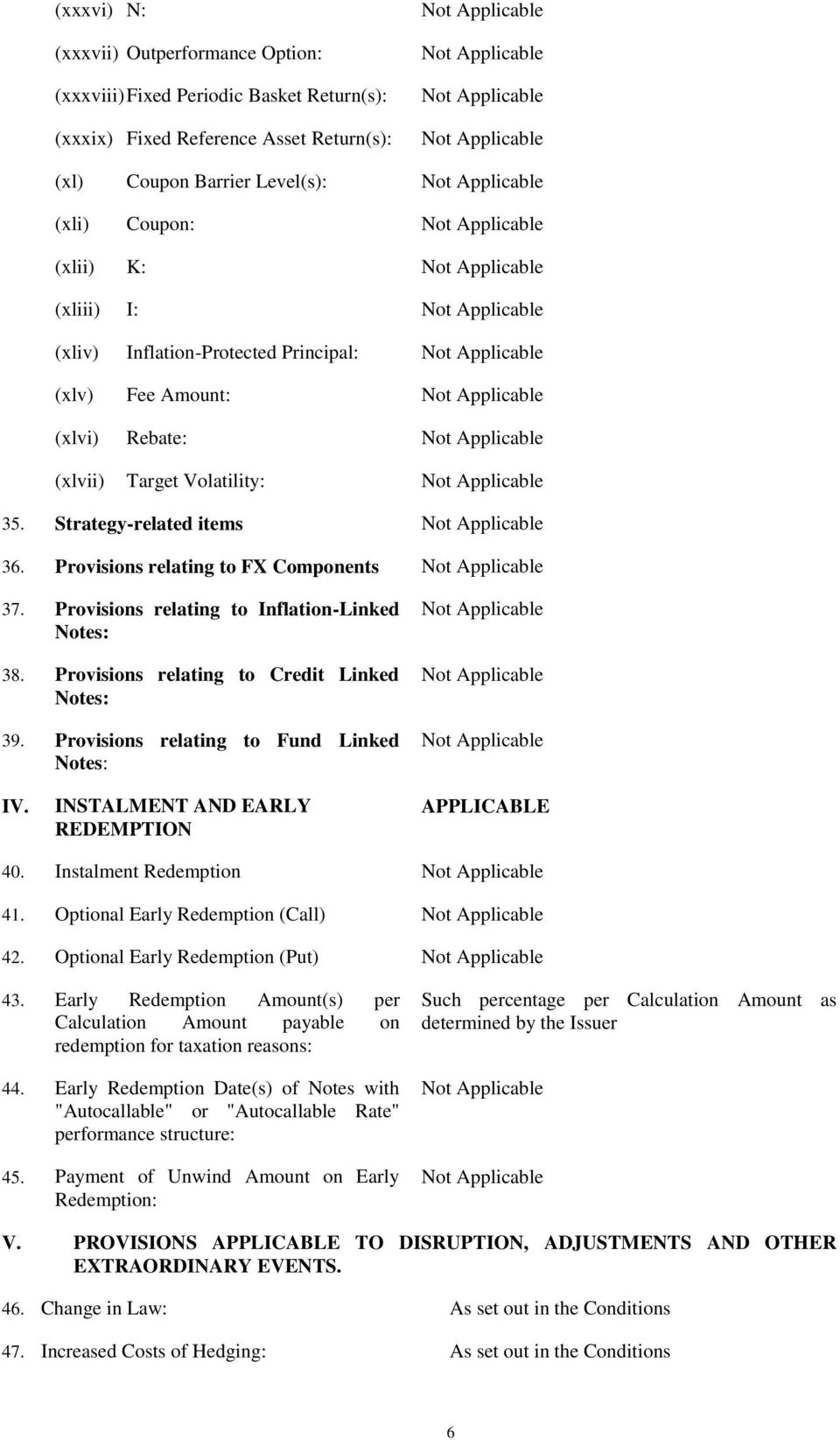 Provisions relating to Inflation-Linked Notes: 38. Provisions relating to Credit Linked Notes: 39. Provisions relating to Fund Linked Notes: IV. INSTALMENT AND EARLY REDEMPTION APPLICABLE 40.