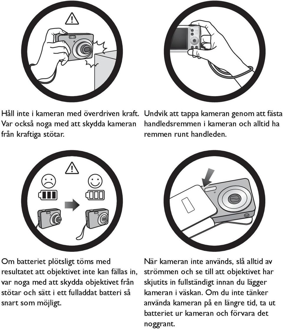 Om batteriet plötsligt töms med resultatet att objektivet inte kan fällas in, var noga med att skydda objektivet från stötar och sätt i ett fulladdat