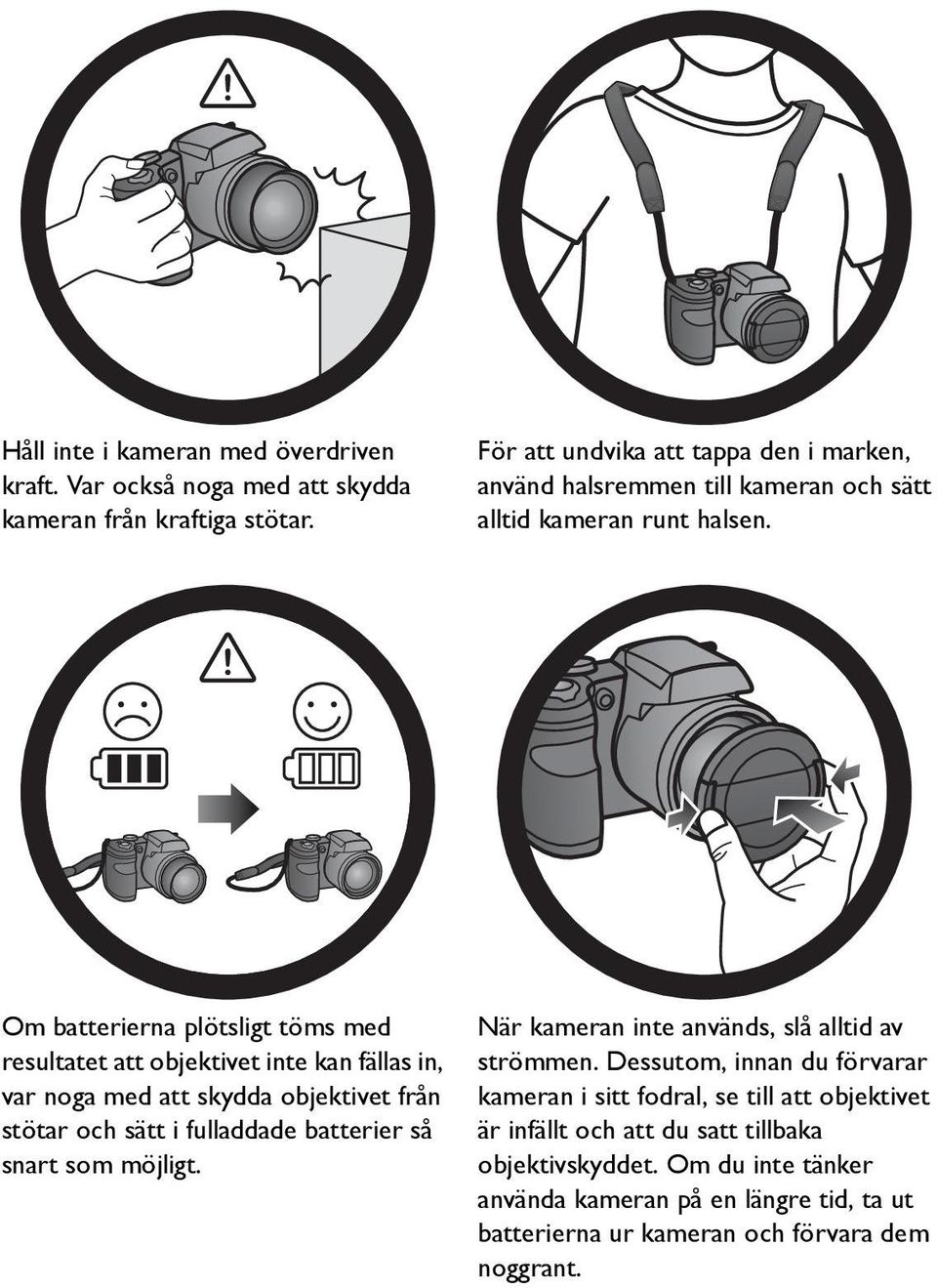Om batterierna plötsligt töms med resultatet att objektivet inte kan fällas in, var noga med att skydda objektivet från stötar och sätt i fulladdade batterier så snart