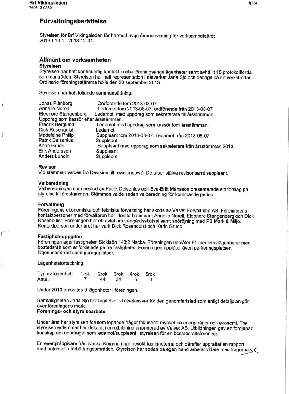 Styrelsen har haft representation i nätverket Järla Sjö och deltagit på nätverksträffar. Ordinarie föreningsstämma hölls den 20 september 2013.