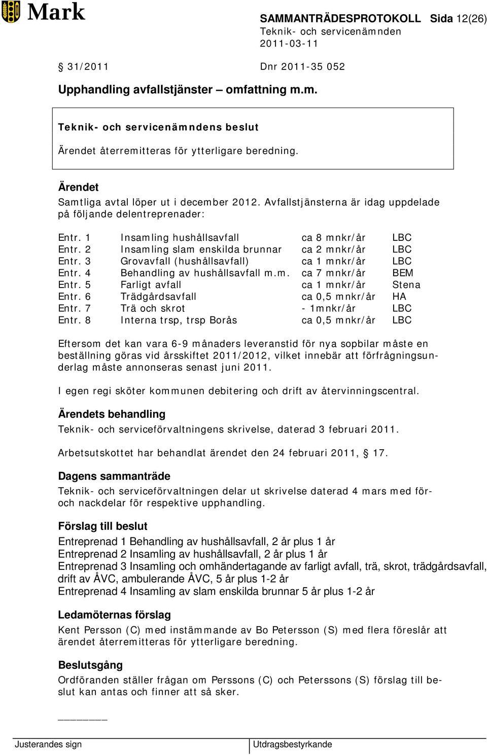 2 Insamling slam enskilda brunnar ca 2 mnkr/år LBC Entr. 3 Grovavfall (hushållsavfall) ca 1 mnkr/år LBC Entr. 4 Behandling av hushållsavfall m.m. ca 7 mnkr/år BEM Entr.