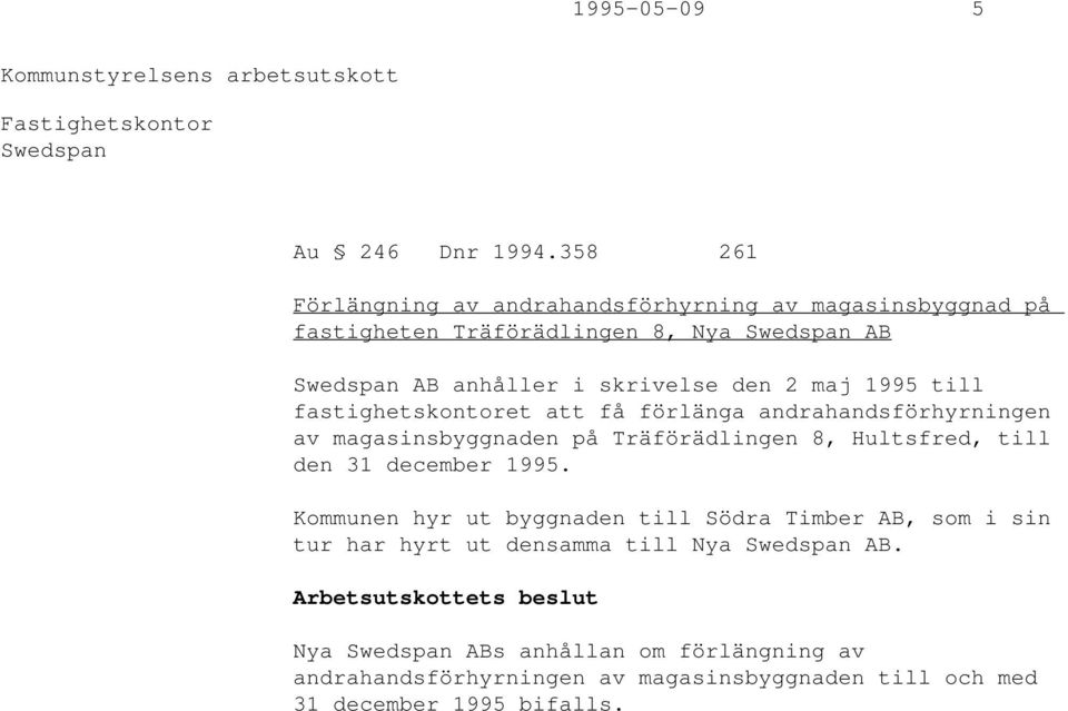 den 2 maj 1995 till fastighetskontoret att få förlänga andrahandsförhyrningen av magasinsbyggnaden på Träförädlingen 8, Hultsfred, till den 31