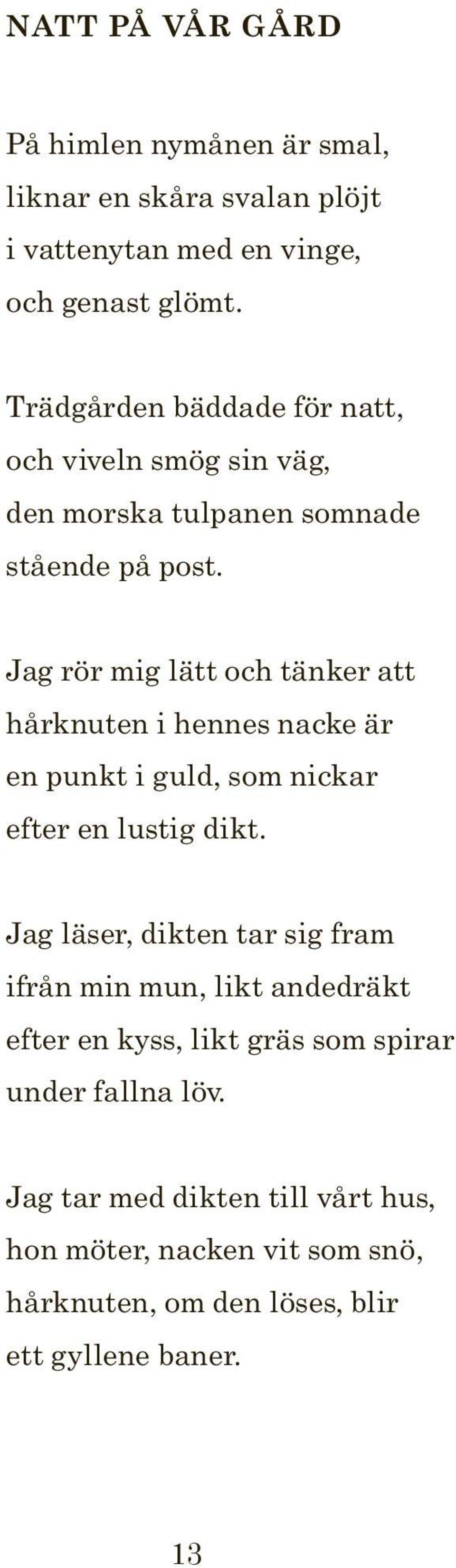 Jag rör mig lätt och tänker att hårknuten i hennes nacke är en punkt i guld, som nickar efter en lustig dikt.