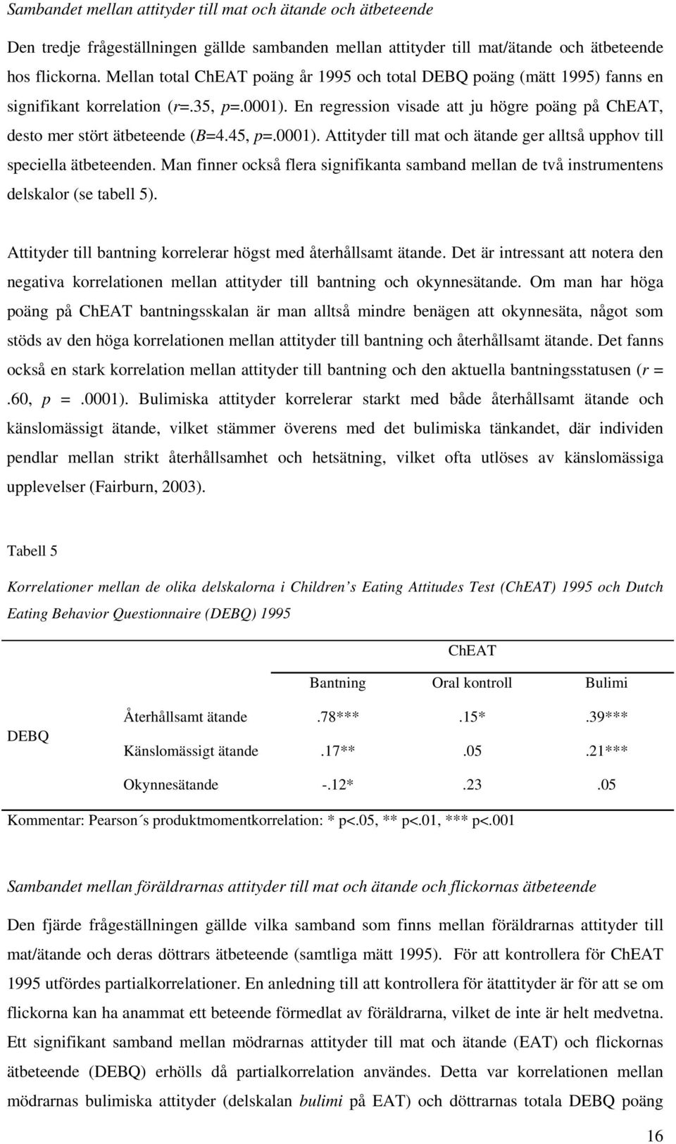 45, p=.0001). Attityder till mat och ätande ger alltså upphov till speciella ätbeteenden. Man finner också flera signifikanta samband mellan de två instrumentens delskalor (se tabell 5).