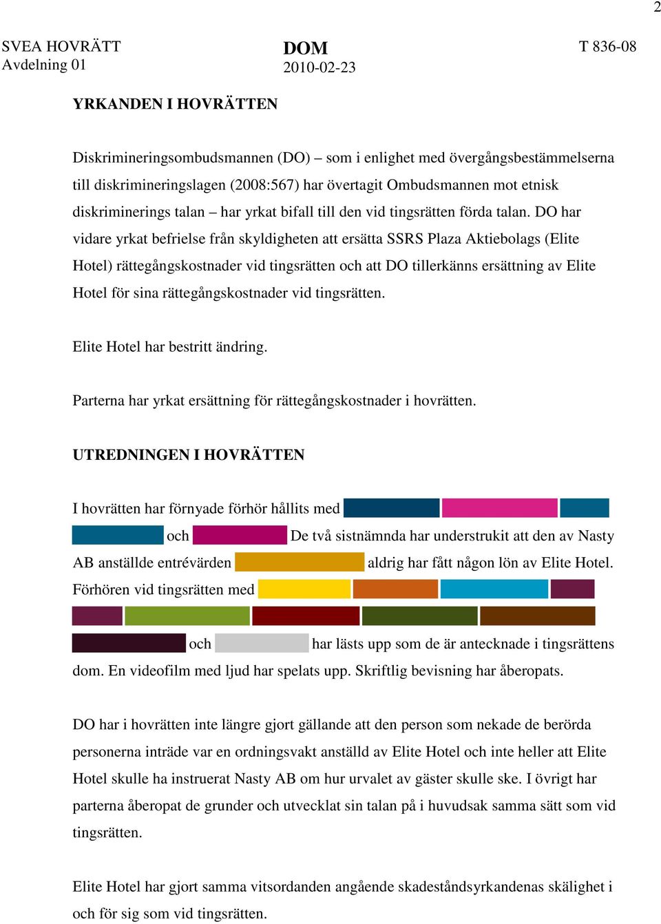 DO har vidare yrkat befrielse från skyldigheten att ersätta SSRS Plaza Aktiebolags (Elite Hotel) rättegångskostnader vid tingsrätten och att DO tillerkänns ersättning av Elite Hotel för sina