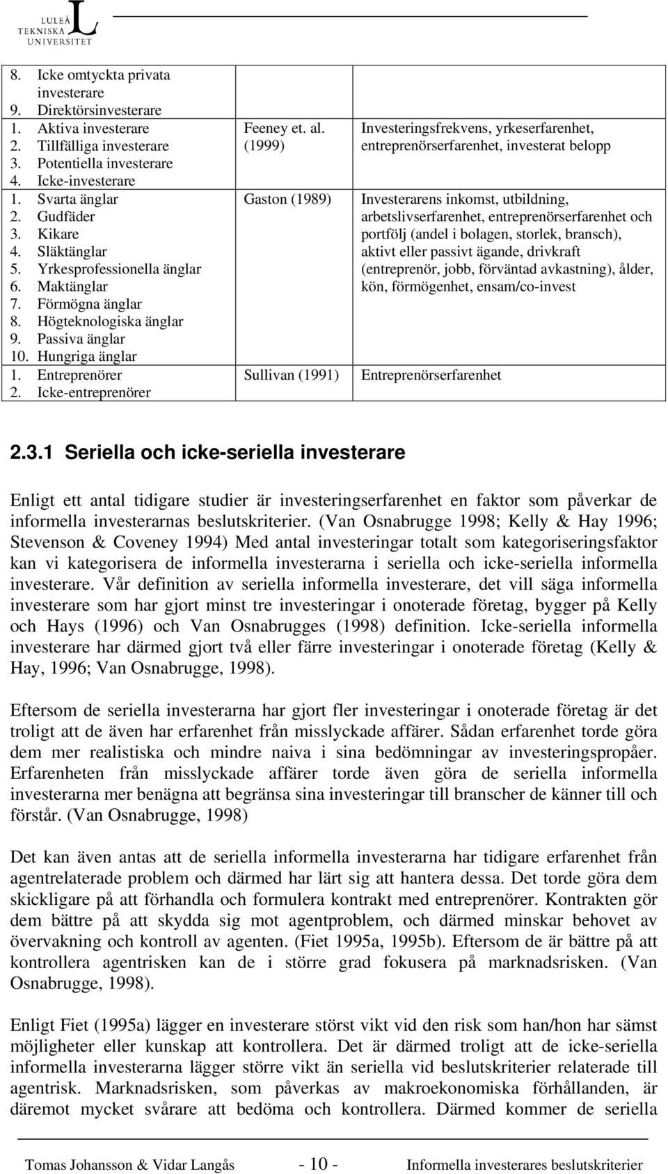 (1999) Gaston (1989) Sullivan (1991) Investeringsfrekvens, yrkeserfarenhet, entreprenörserfarenhet, investerat belopp Investerarens inkomst, utbildning, arbetslivserfarenhet, entreprenörserfarenhet