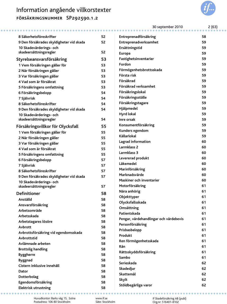 7 Självrisk 54 8 Säkerhetsföreskrifter 54 9 Den försäkrades skyldigheter vid skada 54 10 Skadevärderings- och skadeersättningsregler 54 Försäkringsvillkor för Olycksfall 55 1 Vem försäkringen gäller