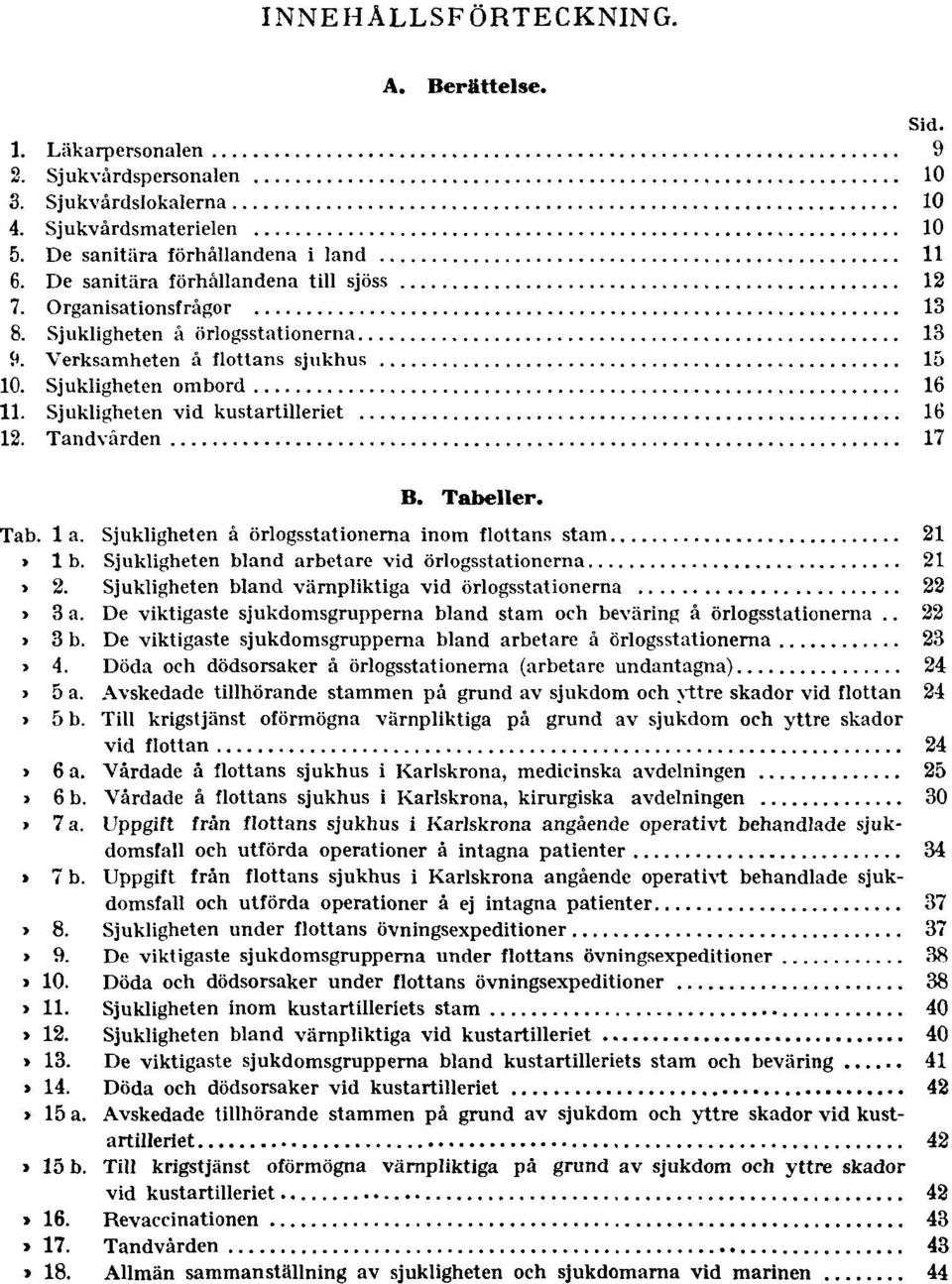 Sjukligheten vid kustartilleriet 16 12. Tandvården 17 B. Tabeller. Tab. 1 a. Sjukligheten å örlogsstationerna inom flottans stam 21 Tab. 1 b. Sjukligheten bland arbetare vid örlogsstationerna 21 Tab.